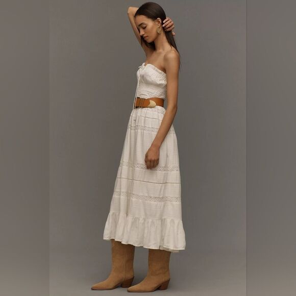 Anthropologie Maeve Strapless Smocked Midi Dress In White Size Medium NWT - Picture 4 of 8